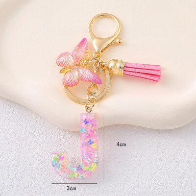 Breloc cu alfabet drăguț cu ciucuri la modă, rășină, paiete colorate, breloc cu scrisoare fluture, ideal pentru poșeta festivă pentru doamne.