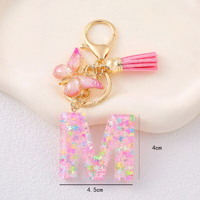 Breloc cu alfabet drăguț cu ciucuri la modă, rășină, paiete colorate, breloc cu scrisoare fluture, ideal pentru poșeta festivă pentru doamne.