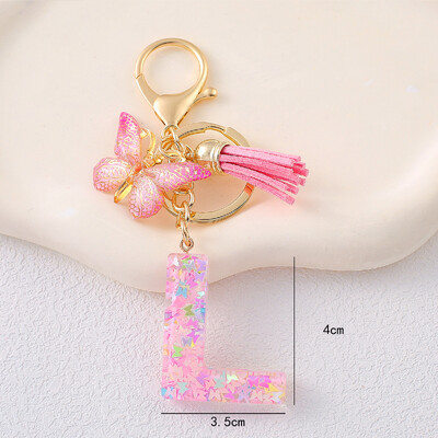 Breloc cu alfabet drăguț cu ciucuri la modă, rășină, paiete colorate, breloc cu scrisoare fluture, ideal pentru poșeta festivă pentru doamne.