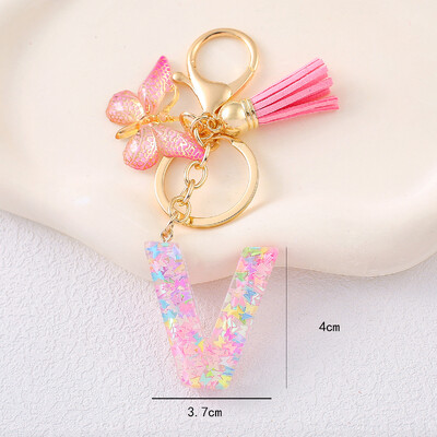 Breloc cu alfabet drăguț cu ciucuri la modă, rășină, paiete colorate, breloc cu scrisoare fluture, ideal pentru poșeta festivă pentru doamne.