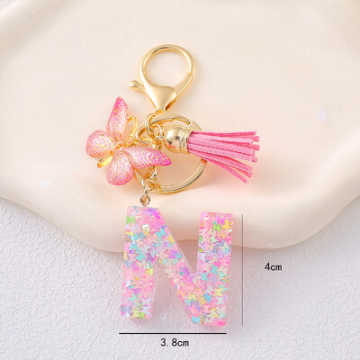 Breloc cu alfabet drăguț cu ciucuri la modă, rășină, paiete colorate, breloc cu scrisoare fluture, ideal pentru poșeta festivă pentru doamne.