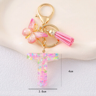 Breloc cu alfabet drăguț cu ciucuri la modă, rășină, paiete colorate, breloc cu scrisoare fluture, ideal pentru poșeta festivă pentru doamne.