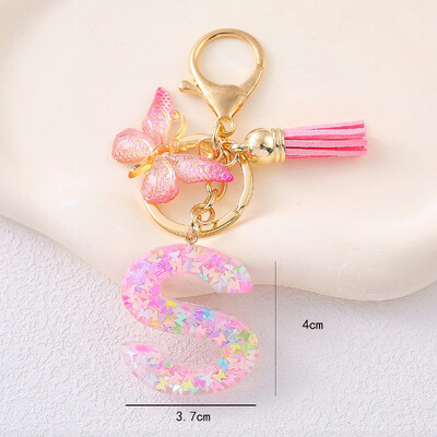 Breloc cu alfabet drăguț cu ciucuri la modă, rășină, paiete colorate, breloc cu scrisoare fluture, ideal pentru poșeta festivă pentru doamne.