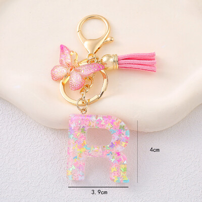 Breloc cu alfabet drăguț cu ciucuri la modă, rășină, paiete colorate, breloc cu scrisoare fluture, ideal pentru poșeta festivă pentru doamne.