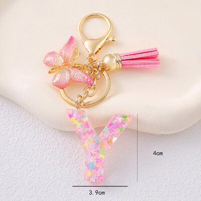 Breloc cu alfabet drăguț cu ciucuri la modă, rășină, paiete colorate, breloc cu scrisoare fluture, ideal pentru poșeta festivă pentru doamne.