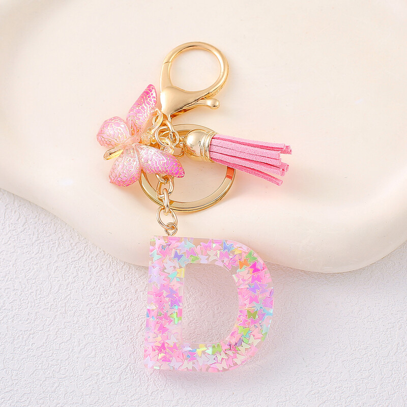 Breloc cu alfabet drăguț cu ciucuri la modă, rășină, paiete colorate, breloc cu scrisoare fluture, ideal pentru poșeta festivă pentru doamne.