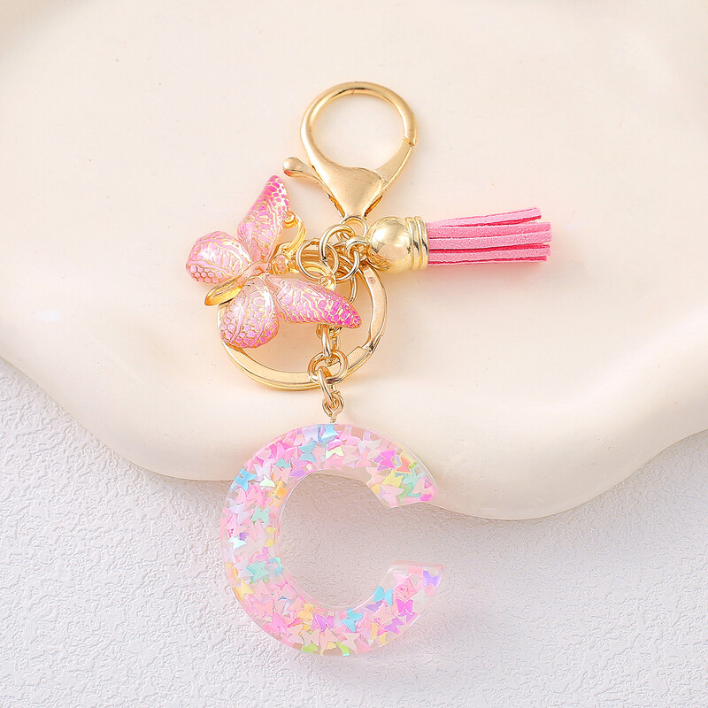 Breloc cu alfabet drăguț cu ciucuri la modă, rășină, paiete colorate, breloc cu scrisoare fluture, ideal pentru poșeta festivă pentru doamne.