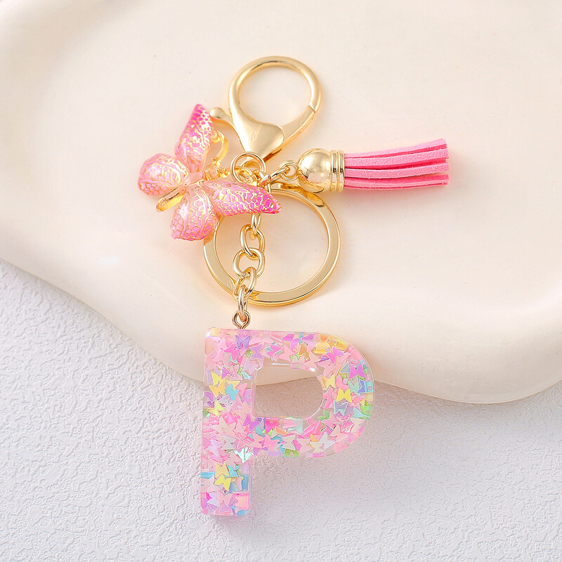 Breloc cu alfabet drăguț cu ciucuri la modă, rășină, paiete colorate, breloc cu scrisoare fluture, ideal pentru poșeta festivă pentru doamne.
