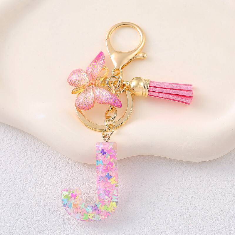 Breloc cu alfabet drăguț cu ciucuri la modă, rășină, paiete colorate, breloc cu scrisoare fluture, ideal pentru poșeta festivă pentru doamne.