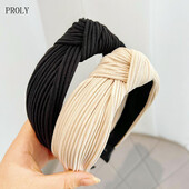 PROLY New Fashion Bentita pentru femei de culoare solidă Bentita de păr plisată cu nod central Turban tricotat Accesorii calde pentru păr de toamnă