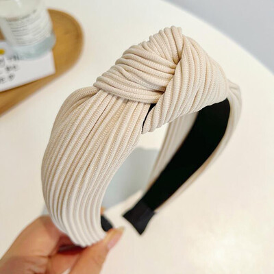 PROLY New Fashion Bentita pentru femei de culoare solidă Bentita de păr plisată cu nod central Turban tricotat Accesorii calde pentru păr de toamnă