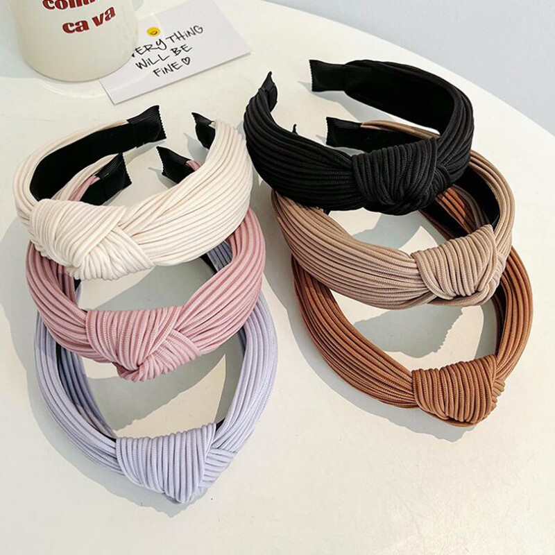 PROLY New Fashion Bentita pentru femei de culoare solidă Bentita de păr plisată cu nod central Turban tricotat Accesorii calde pentru păr de toamnă