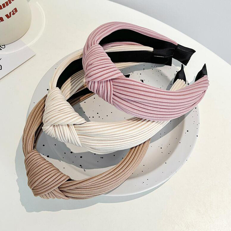 PROLY New Fashion Bentita pentru femei de culoare solidă Bentita de păr plisată cu nod central Turban tricotat Accesorii calde pentru păr de toamnă