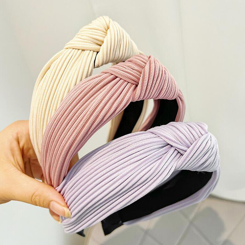 PROLY New Fashion Bentita pentru femei de culoare solidă Bentita de păr plisată cu nod central Turban tricotat Accesorii calde pentru păr de toamnă