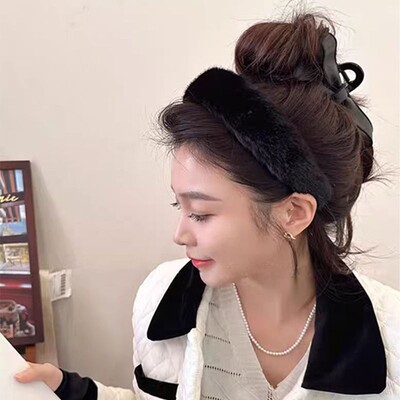 1 bucată bentita de blană groasă de nurcă pentru femei cu margine largă de blană de toamnă și iarnă și bentita de blană de nurcă de culoare uni