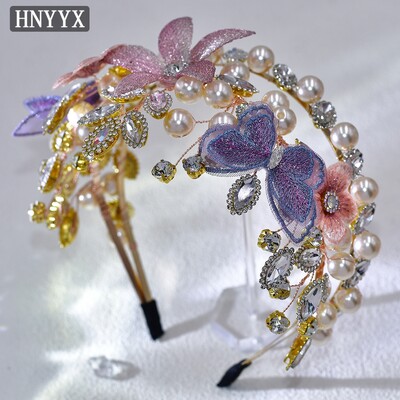 HNYYX Wedding Rhinestone Tiara μαργαριτάρι αξεσουάρ μαλλιών για γυναίκες Πολύχρωμο κεφαλόδεσμο Νυφικά κοσμήματα κόμμωση A198