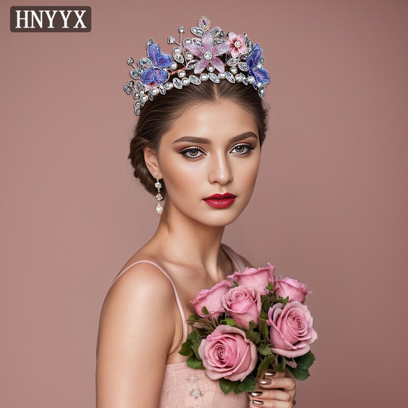 HNYYX Diadema de nuntă cu strasuri Coroana de perle Accesoriu pentru păr pentru femei Bandă colorată pentru cap de mireasă Bijuterii pentru cap A198