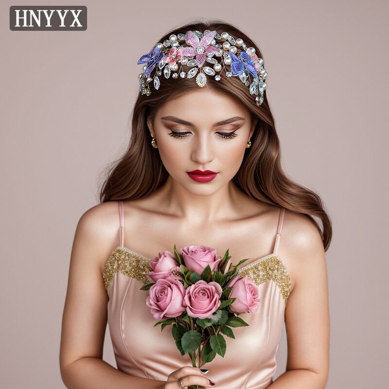 HNYYX Diadema de nuntă cu strasuri Coroana de perle Accesoriu pentru păr pentru femei Bandă colorată pentru cap de mireasă Bijuterii pentru cap A198
