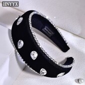 HNYYYX Bandă pentru cap din catifea neagră pentru femei Accesorii pentru păr cu strasuri strălucitoare, căptușită cu burete, pentru cap de mireasă A242