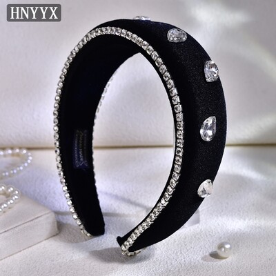 HNYYYX Bandă pentru cap din catifea neagră pentru femei Accesorii pentru păr cu strasuri strălucitoare, căptușită cu burete, pentru cap de mireasă A242