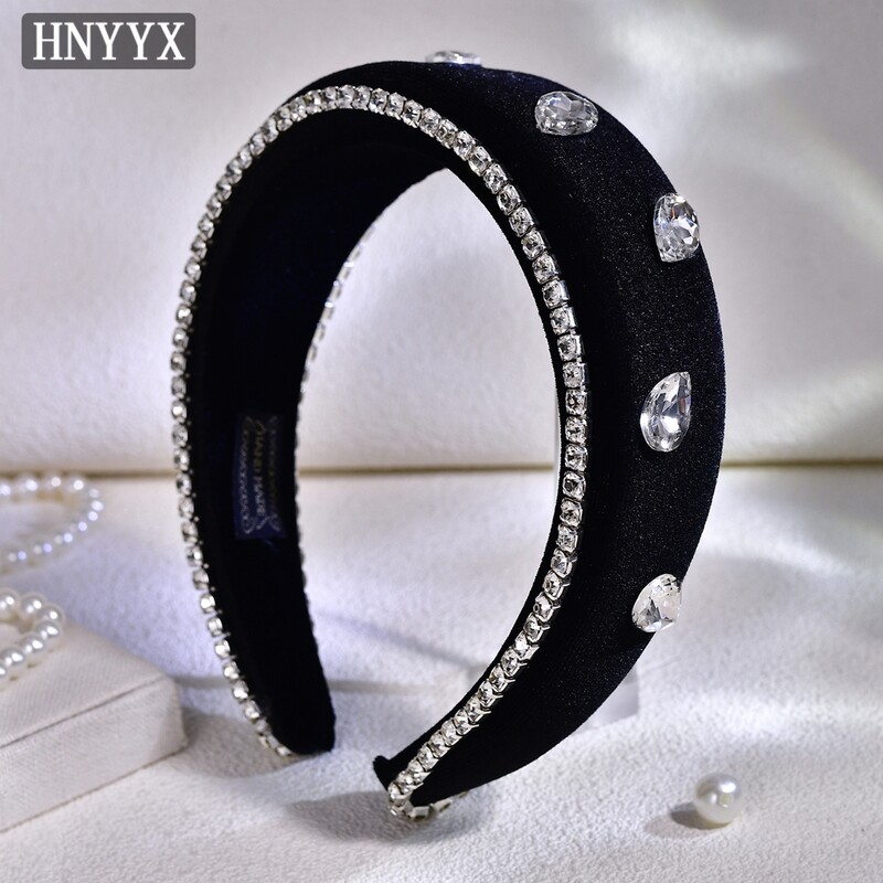 HNYYYX Bandă pentru cap din catifea neagră pentru femei Accesorii pentru păr cu strasuri strălucitoare, căptușită cu burete, pentru cap de mireasă A242
