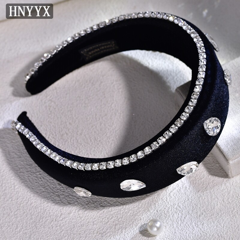 HNYYYX Bandă pentru cap din catifea neagră pentru femei Accesorii pentru păr cu strasuri strălucitoare, căptușită cu burete, pentru cap de mireasă A242