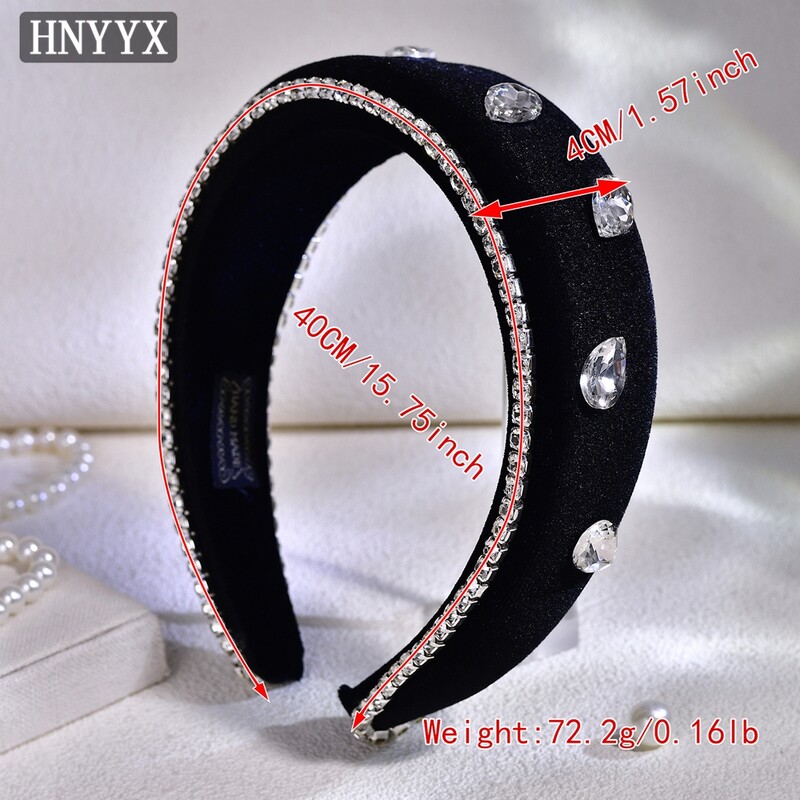 HNYYYX Bandă pentru cap din catifea neagră pentru femei Accesorii pentru păr cu strasuri strălucitoare, căptușită cu burete, pentru cap de mireasă A242