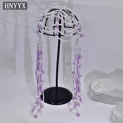 HNYYX Accesorii de păr cu ciucuri de perle de lux, nuntă, mireasă, bentiță lungă, lucrată manual, cu mărgele, viță de păr de bal pentru femei A221