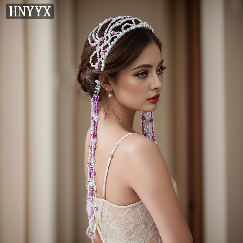 HNYYX Accesorii de păr cu ciucuri de perle de lux, nuntă, mireasă, bentiță lungă, lucrată manual, cu mărgele, viță de păr de bal pentru femei A221
