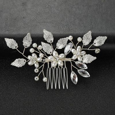 Crystal Pearl Hair Comb Clip Pin Lydinio lapų plaukų šukos Rankų darbo galvos juosta Tiara Moterims Nuotakos Vestuviniai Plaukų Priedai Papuošalai
