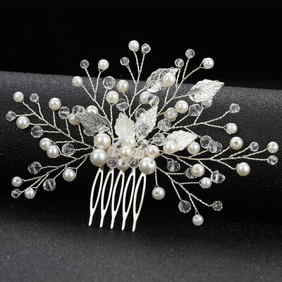 Crystal Pearl Hair Comb Clip Pin Lydinio lapų plaukų šukos Rankų darbo galvos juosta Tiara Moterims Nuotakos Vestuviniai Plaukų Priedai Papuošalai