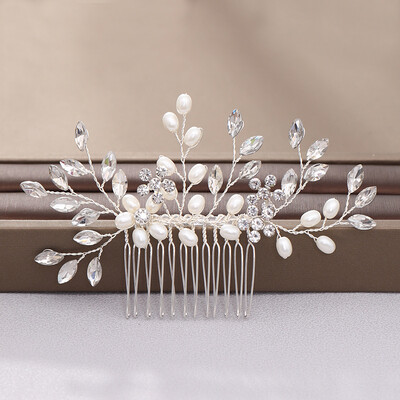 Crystal Pearl Hair Comb Clip Pin Lydinio lapų plaukų šukos Rankų darbo galvos juosta Tiara Moterims Nuotakos Vestuviniai Plaukų Priedai Papuošalai