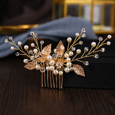 Crystal Pearl Hair Comb Clip Pin Lydinio lapų plaukų šukos Rankų darbo galvos juosta Tiara Moterims Nuotakos Vestuviniai Plaukų Priedai Papuošalai