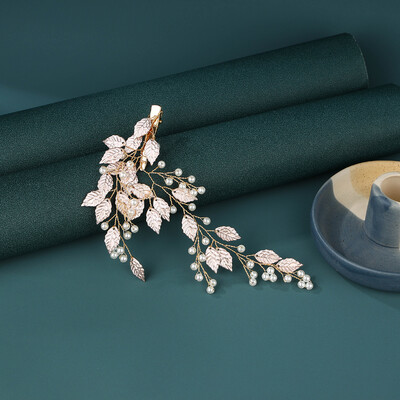 Pieptene de par nunta lucrat manual perla floare frunza clema mireasa podoaba nunta dame