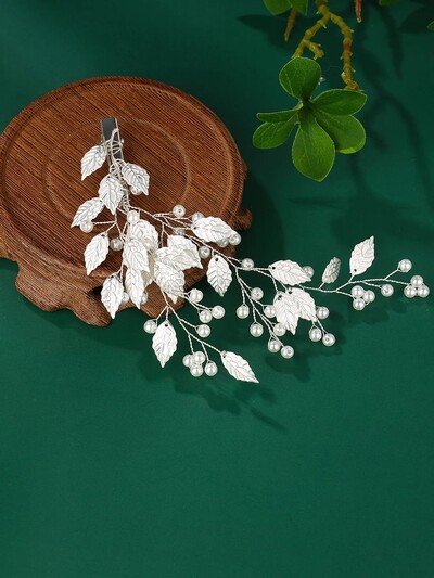 Pieptene de par nunta lucrat manual perla floare frunza clema mireasa podoaba nunta dame