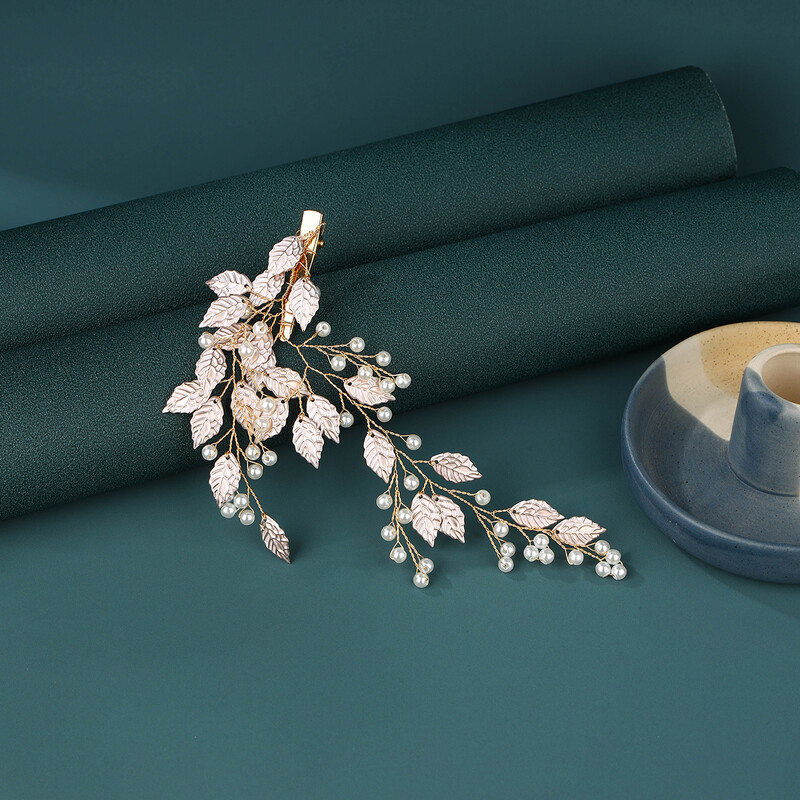 Pieptene de par nunta lucrat manual perla floare frunza clema mireasa podoaba nunta dame