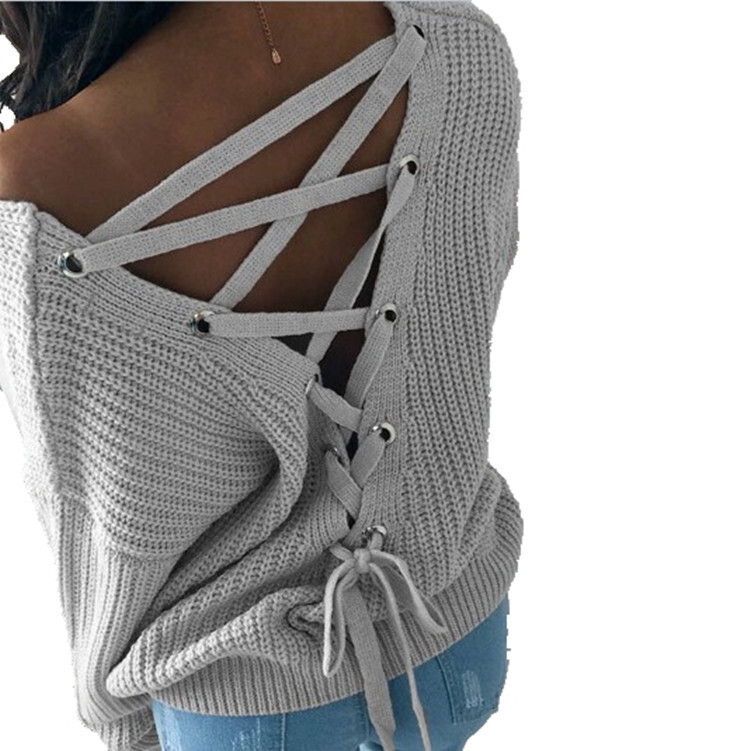 Europos ir Amerikos užsienio prekyba, ruduo ir žiema, naujas megztinis V formos iškirpte, megztinis nugaroje, laisvas suvarstomas megztinis be nugaros moterims