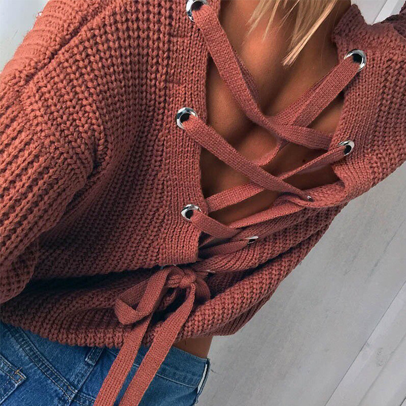 Europos ir Amerikos užsienio prekyba, ruduo ir žiema, naujas megztinis V formos iškirpte, megztinis nugaroje, laisvas suvarstomas megztinis be nugaros moterims