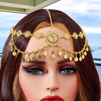 Lanț de cap indian pentru femei, monede de culoare aur arăbească, ciucuri, lanț de păr cu stras de mireasă, accesorii de nuntă, caciulă