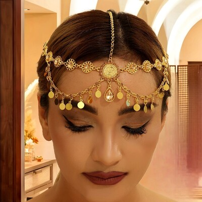 Lanț de cap indian pentru femei, monede de culoare aur arăbească, ciucuri, lanț de păr cu stras de mireasă, accesorii de nuntă, caciulă