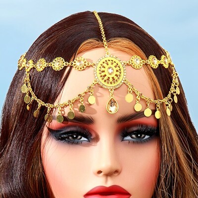 Lanț de cap indian pentru femei, monede de culoare aur arăbească, ciucuri, lanț de păr cu stras de mireasă, accesorii de nuntă, caciulă