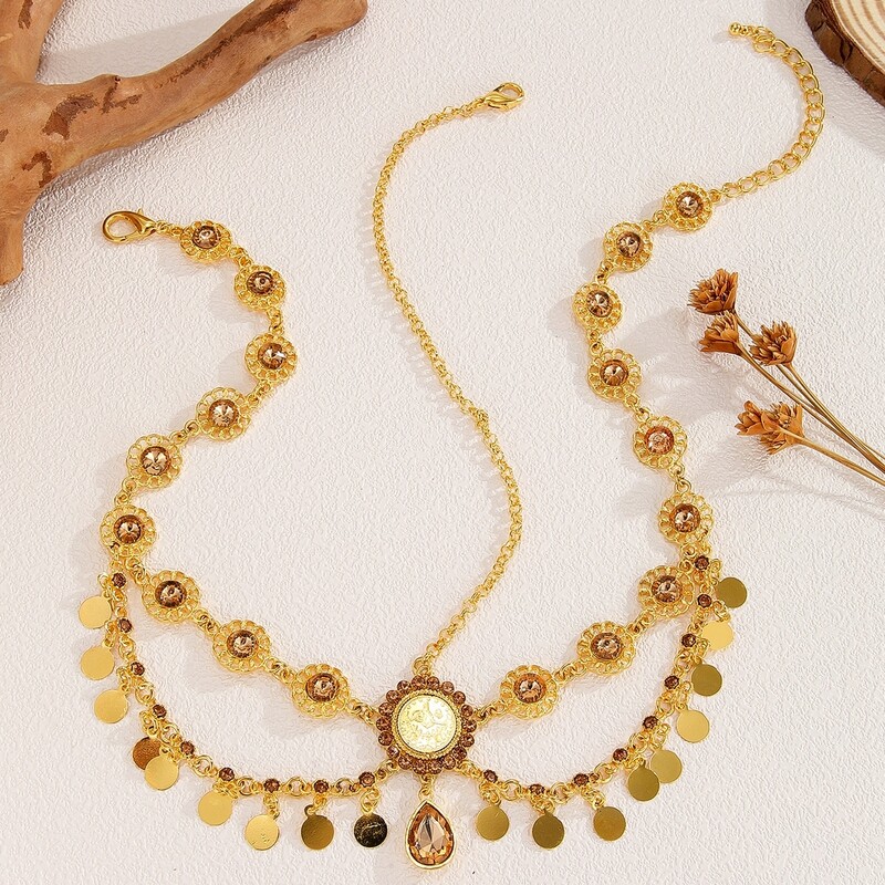 Lanț de cap indian pentru femei, monede de culoare aur arăbească, ciucuri, lanț de păr cu stras de mireasă, accesorii de nuntă, caciulă