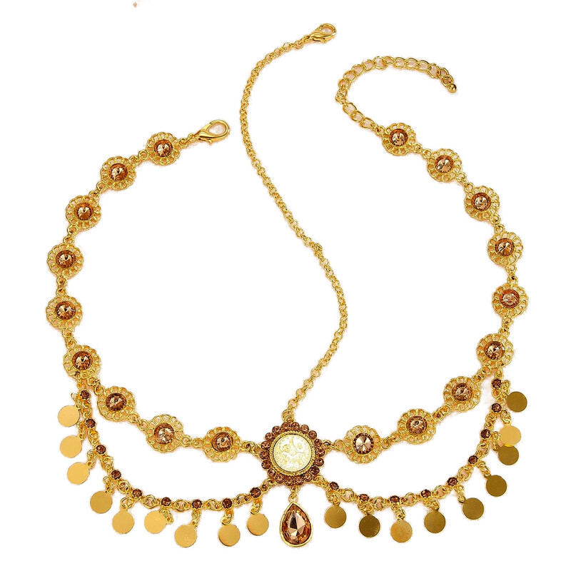 Lanț de cap indian pentru femei, monede de culoare aur arăbească, ciucuri, lanț de păr cu stras de mireasă, accesorii de nuntă, caciulă