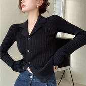 Rimocy Cardigan negru tricot cu decolteu în V, pentru femei, de modă coreeană, pulover cu mânecă lungă, cardigan pentru femeie, cu un singur piept, pulover slim fit pentru femeie