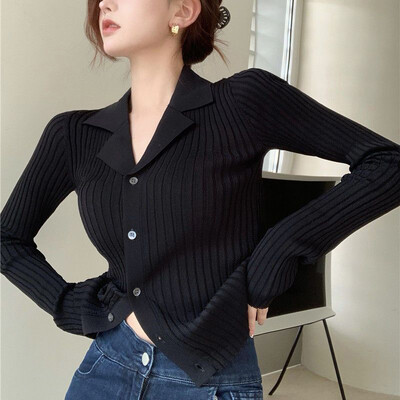 Rimocy Cardigan negru tricot cu decolteu în V, pentru femei, de modă coreeană, pulover cu mânecă lungă, cardigan pentru femeie, cu un singur piept, pulover slim fit pentru femeie
