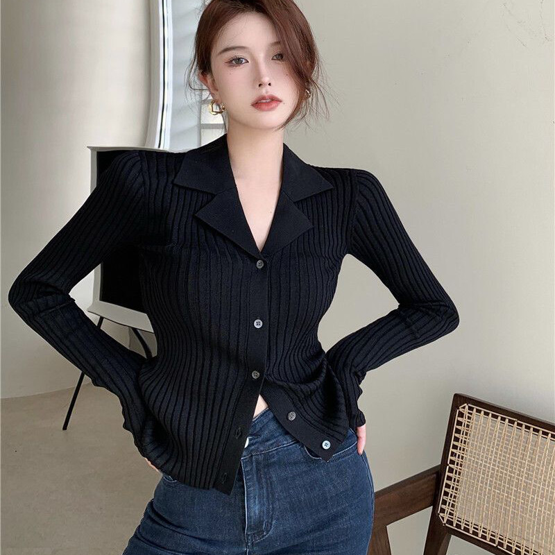 Rimocy Cardigan negru tricot cu decolteu în V, pentru femei, de modă coreeană, pulover cu mânecă lungă, cardigan pentru femeie, cu un singur piept, pulover slim fit pentru femeie