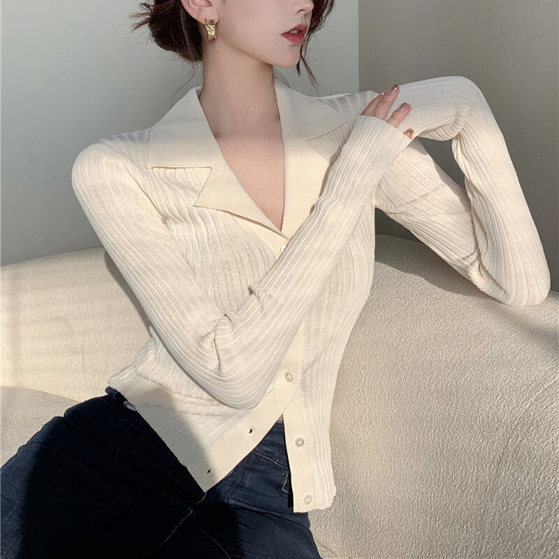 Rimocy Cardigan negru tricot cu decolteu în V, pentru femei, de modă coreeană, pulover cu mânecă lungă, cardigan pentru femeie, cu un singur piept, pulover slim fit pentru femeie