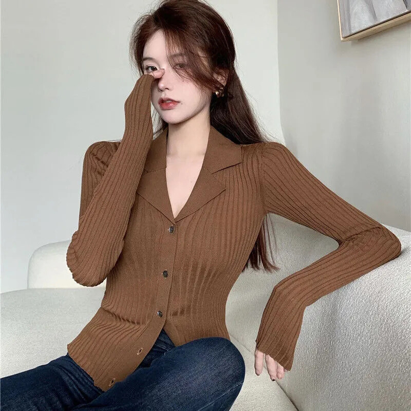 Rimocy Cardigan negru tricot cu decolteu în V, pentru femei, de modă coreeană, pulover cu mânecă lungă, cardigan pentru femeie, cu un singur piept, pulover slim fit pentru femeie