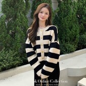 Csíkos Y2K női kardigán koreai édes kötött retro hosszú ujjú női pulóver, divatos laza alkalmi, elegáns női vágás felső
