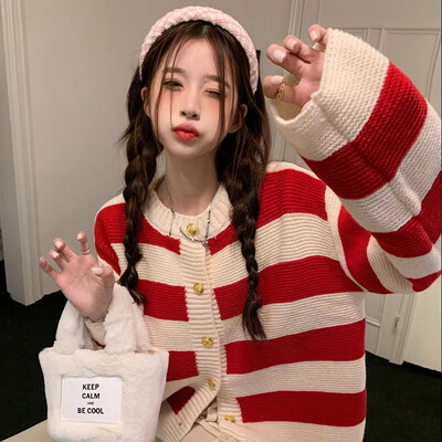 Csíkos Y2K női kardigán koreai édes kötött retro hosszú ujjú női pulóver, divatos laza alkalmi, elegáns női vágás felső